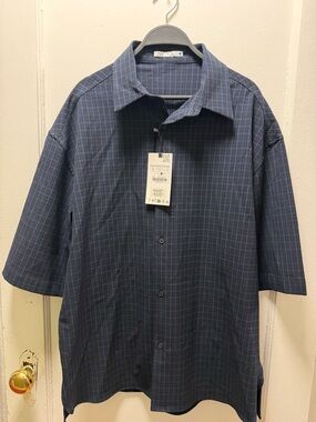 Zara Men's Navy Checked Short Sleeve Button-Down Shirt